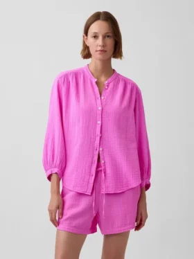 Camicia oversize in garza di cotone senza colletto