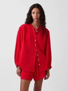 Camicia oversize in garza di cotone senza colletto