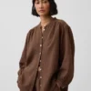 Camicia oversize in garza di cotone senza colletto