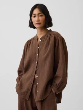 Camicia oversize in garza di cotone senza colletto