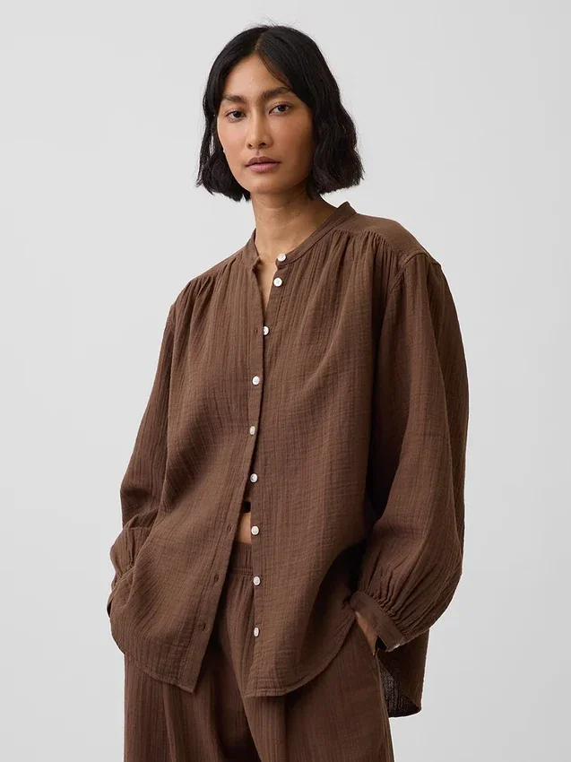Camicia oversize in garza di cotone senza colletto