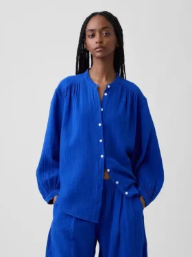 Camicia oversize in garza di cotone senza colletto