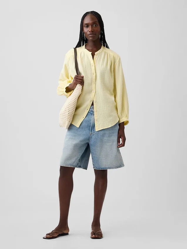 Camicia oversize in garza di cotone senza colletto
