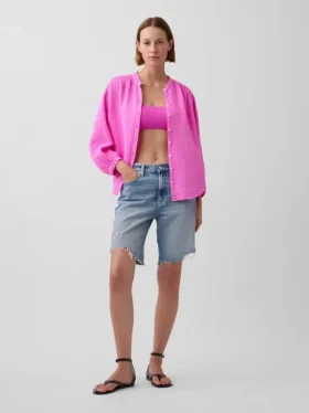 Camicia oversize in garza di cotone senza colletto