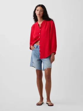 Camicia oversize in garza di cotone senza colletto