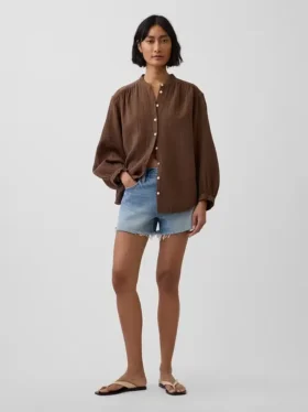 Camicia oversize in garza di cotone senza colletto