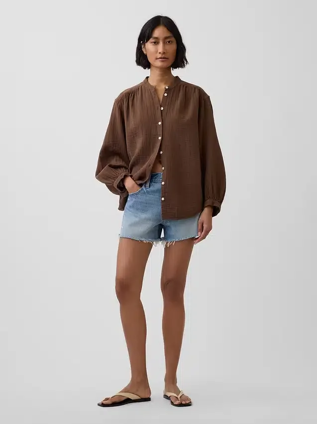 Camicia oversize in garza di cotone senza colletto