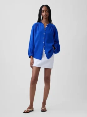 Camicia oversize in garza di cotone senza colletto
