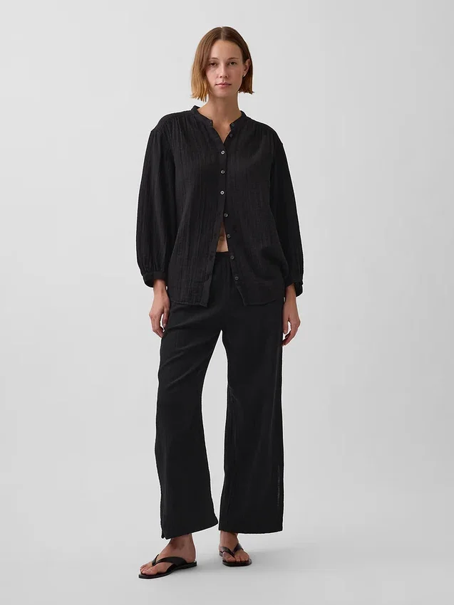 Camicia oversize in garza di cotone senza colletto
