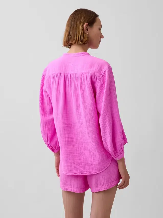 Camicia oversize in garza di cotone senza colletto