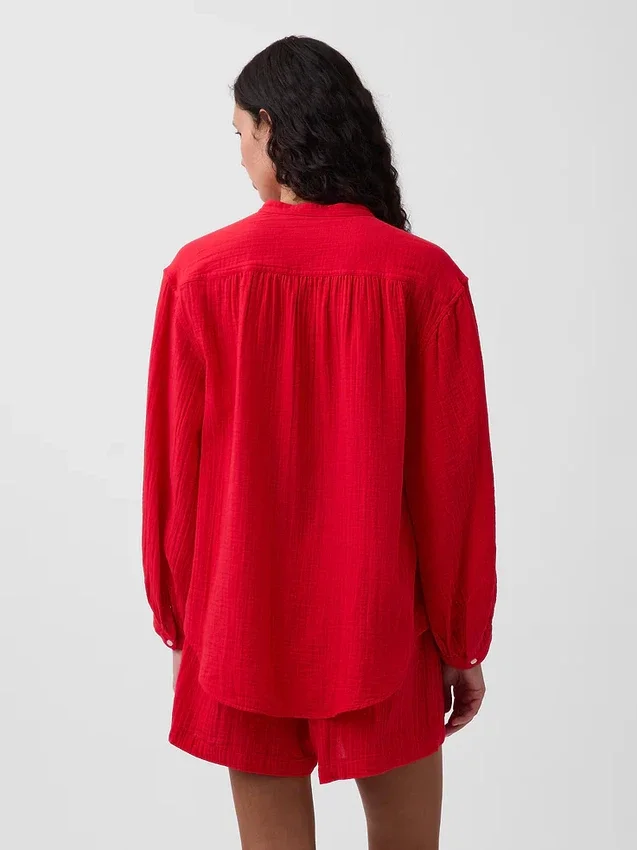 Camicia oversize in garza di cotone senza colletto