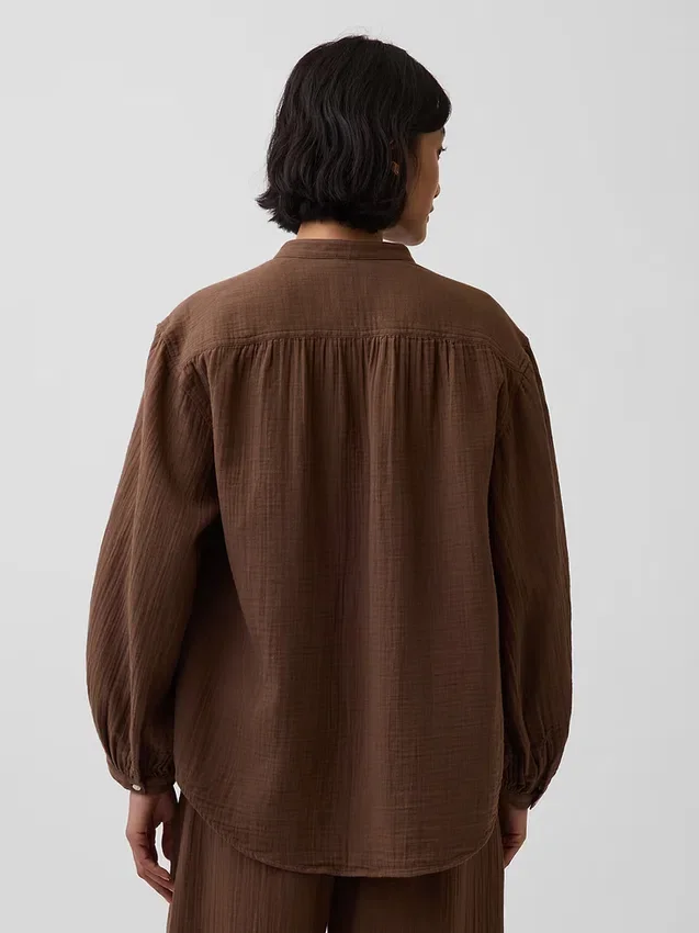 Camicia oversize in garza di cotone senza colletto
