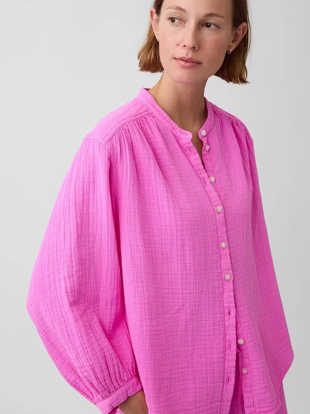 Camicia oversize in garza di cotone senza colletto