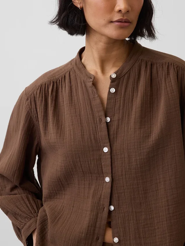 Camicia oversize in garza di cotone senza colletto