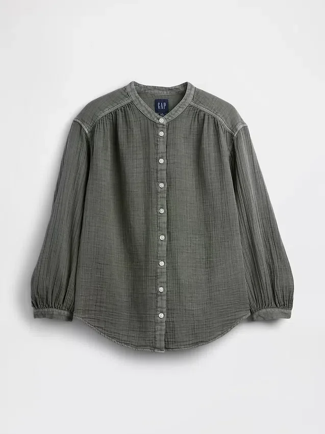 Camicia oversize in garza di cotone senza colletto