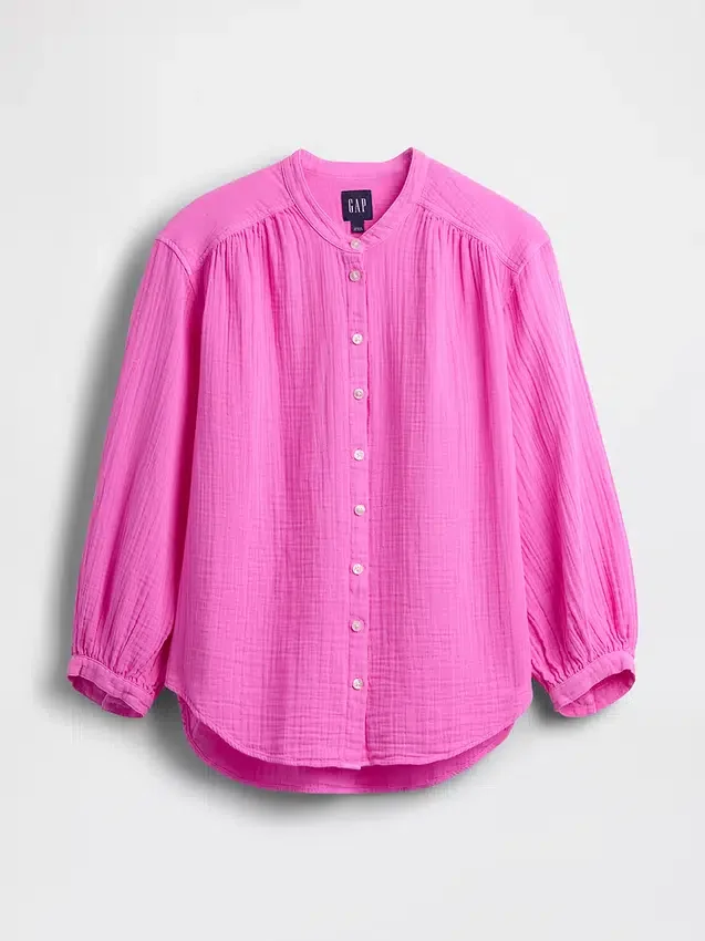Camicia oversize in garza di cotone senza colletto