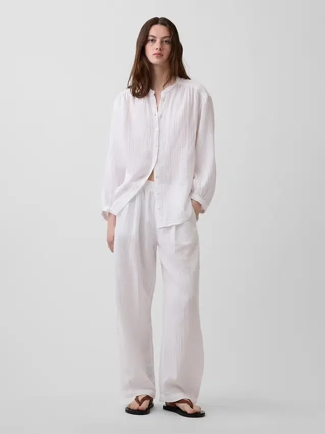 Camicia oversize in garza di cotone senza colletto