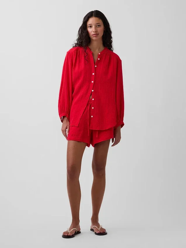 Camicia oversize in garza di cotone senza colletto