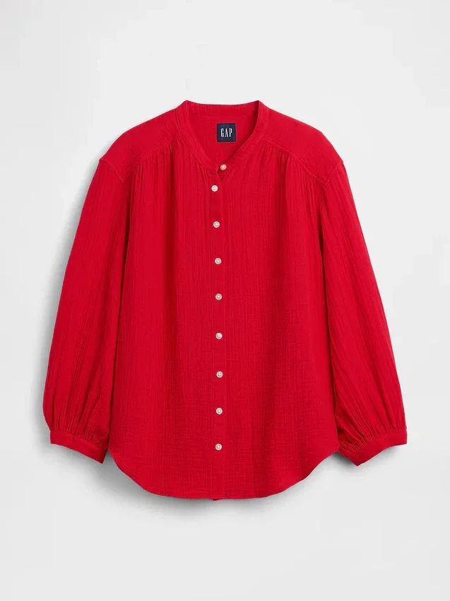 Camicia oversize in garza di cotone senza colletto