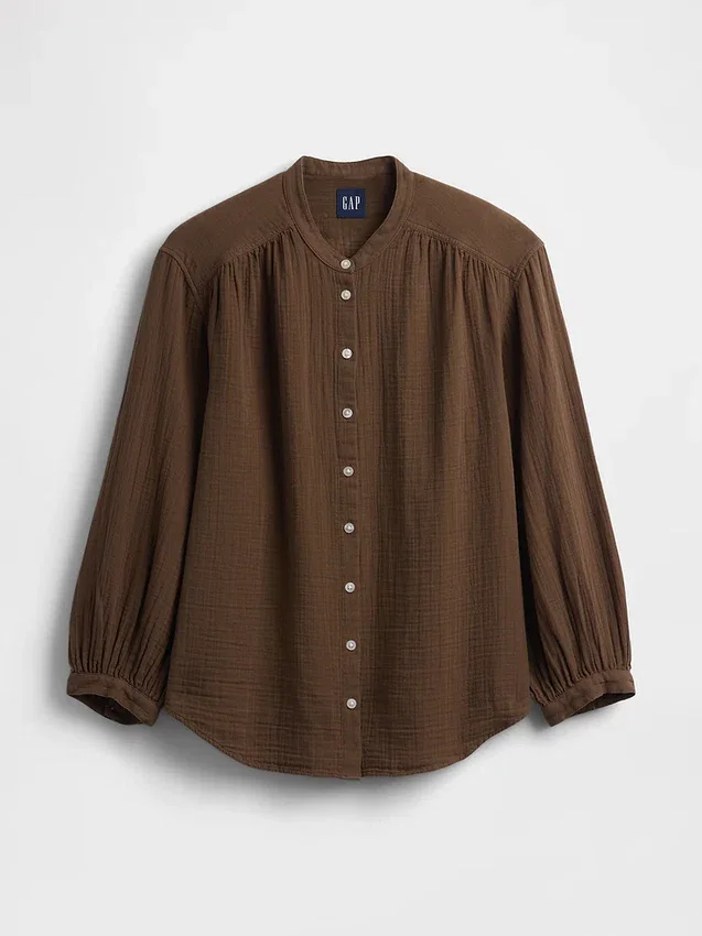 Camicia oversize in garza di cotone senza colletto