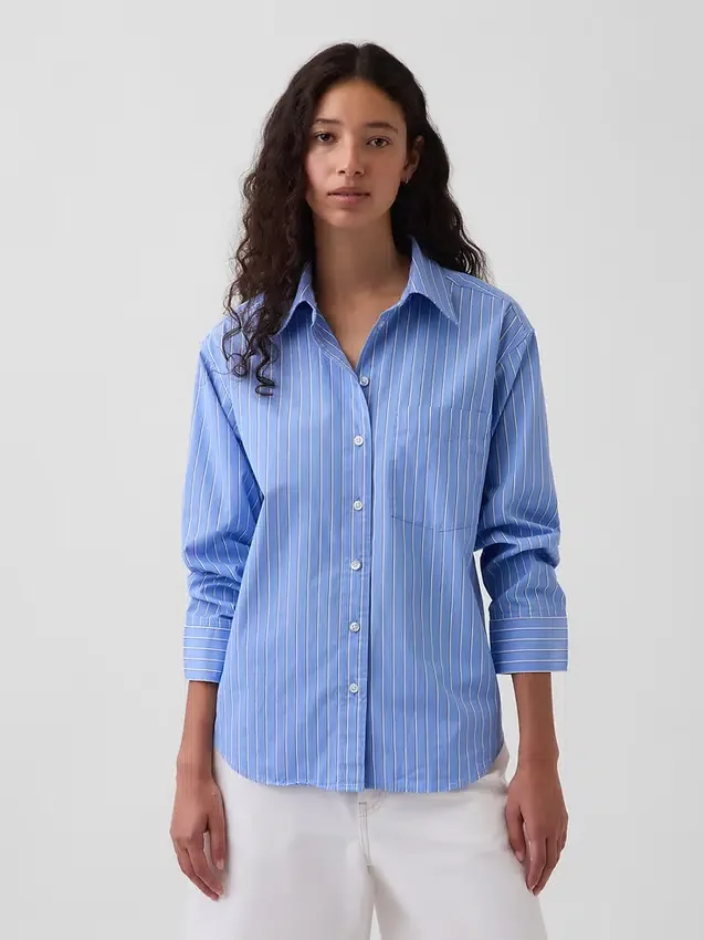 Camicia oversize in popeline di cotone biologico con maniche arricciate