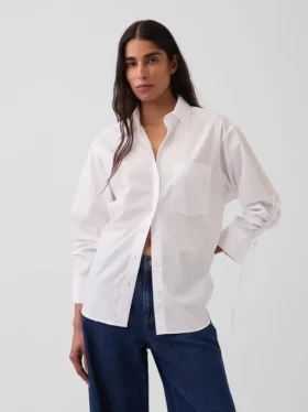 Camicia oversize in popeline di cotone biologico con maniche arricciate