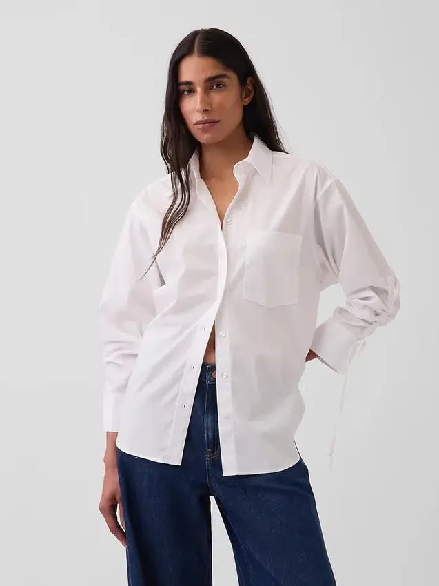 Camicia oversize in popeline di cotone biologico con maniche arricciate