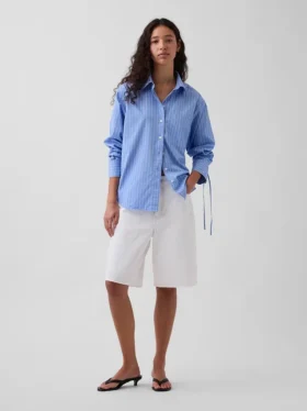 Camicia oversize in popeline di cotone biologico con maniche arricciate