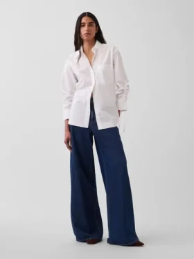 Camicia oversize in popeline di cotone biologico con maniche arricciate