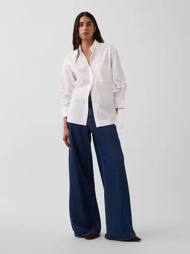 Camicia oversize in popeline di cotone biologico con maniche arricciate