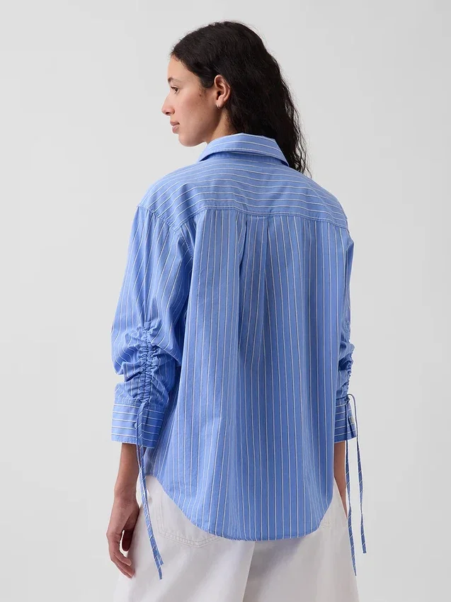 Camicia oversize in popeline di cotone biologico con maniche arricciate