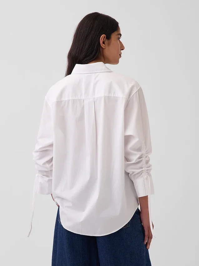Camicia oversize in popeline di cotone biologico con maniche arricciate