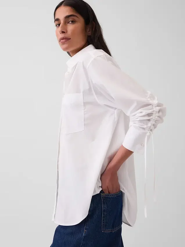 Camicia oversize in popeline di cotone biologico con maniche arricciate