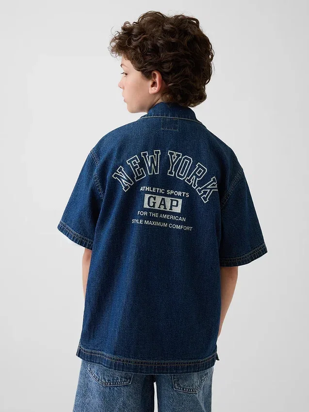 Camicie in denim per bambini dal taglio morbido con logo New York