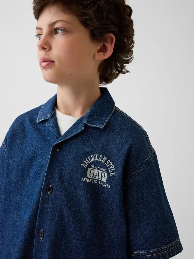 Camicie in denim per bambini dal taglio morbido con logo New York
