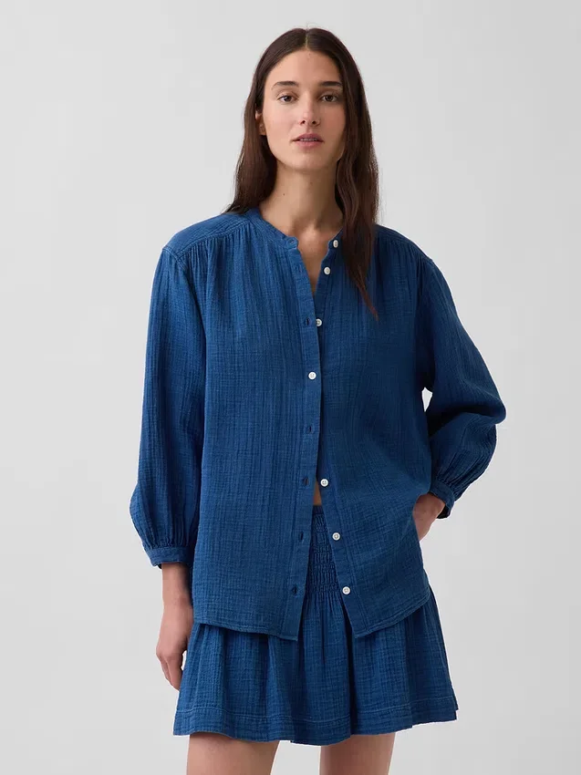 Camicie oversize senza colletto in denim di garza di cotone