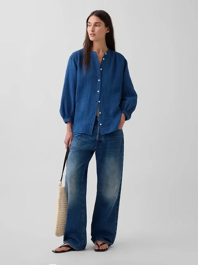Camicie oversize senza colletto in denim di garza di cotone