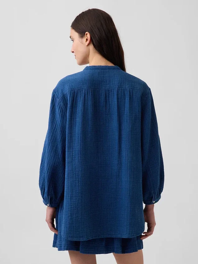 Camicie oversize senza colletto in denim di garza di cotone