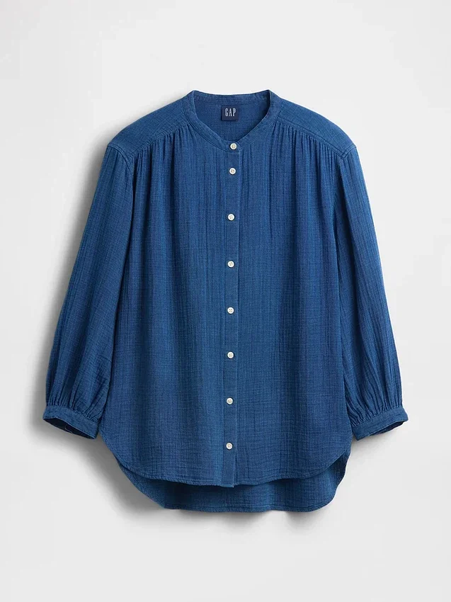 Camicie oversize senza colletto in denim di garza di cotone