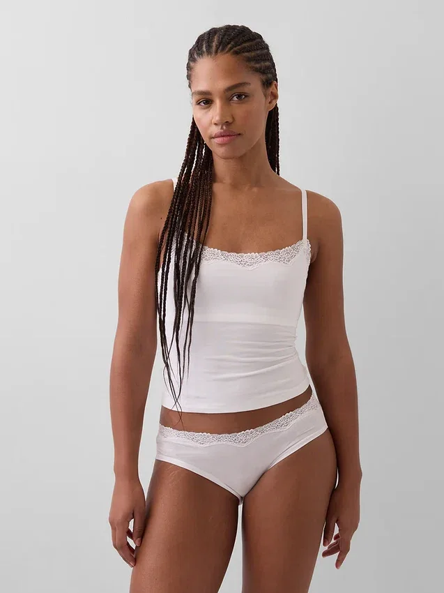 Canotta con reggiseno incorporato in cotone elasticizzato biologico con bordi in pizzo