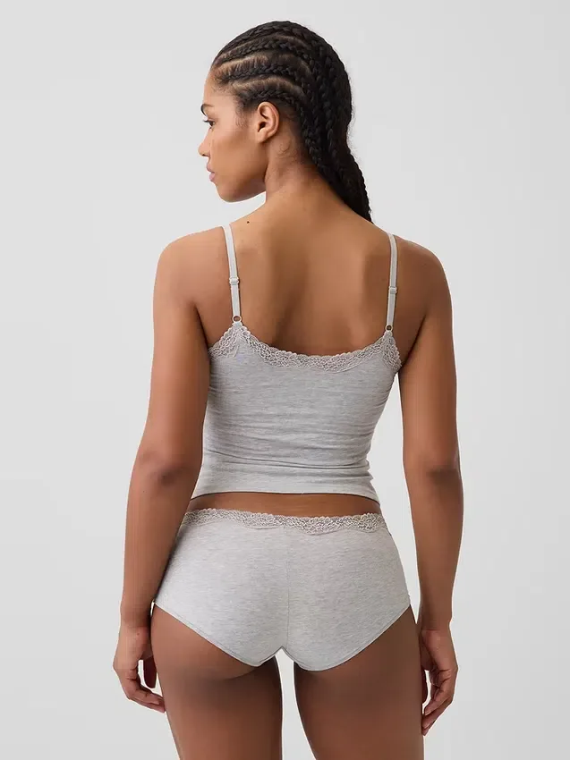 Canotta con reggiseno incorporato in cotone elasticizzato biologico con bordi in pizzo