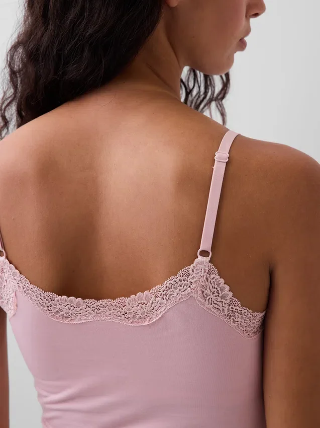 Canotta con reggiseno incorporato in cotone elasticizzato biologico con bordi in pizzo