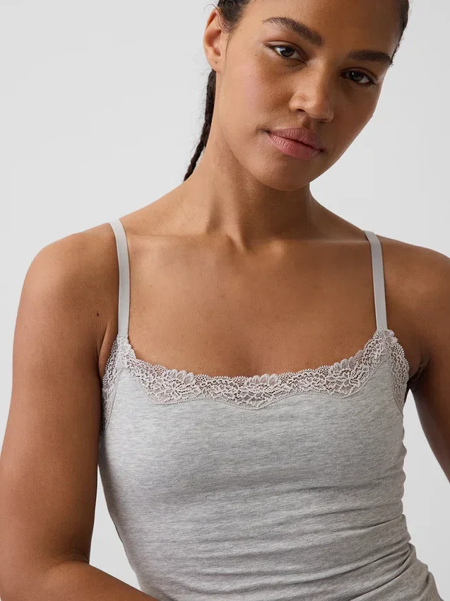 Canotta con reggiseno incorporato in cotone elasticizzato biologico con bordi in pizzo