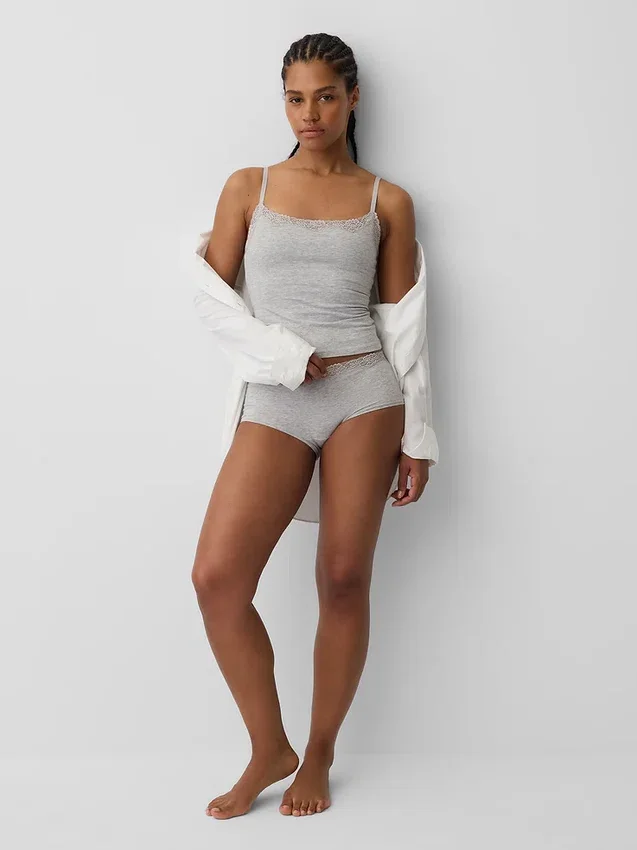Canotta con reggiseno incorporato in cotone elasticizzato biologico con bordi in pizzo