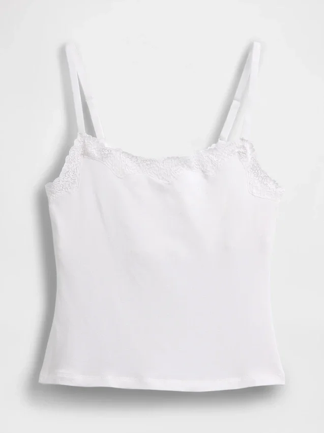 Canotta con reggiseno incorporato in cotone elasticizzato biologico con bordi in pizzo