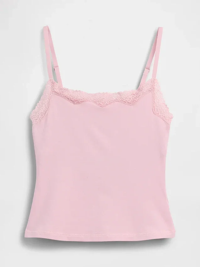 Canotta con reggiseno incorporato in cotone elasticizzato biologico con bordi in pizzo