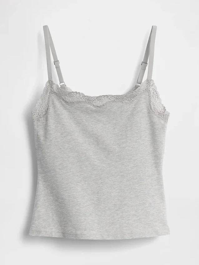 Canotta con reggiseno incorporato in cotone elasticizzato biologico con bordi in pizzo