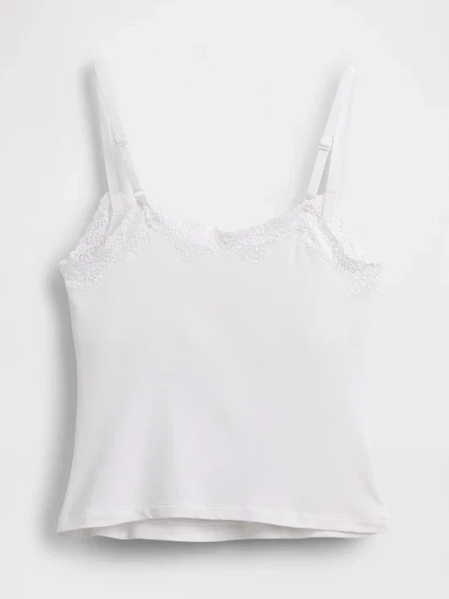 Canotta con reggiseno incorporato in cotone elasticizzato biologico con bordi in pizzo