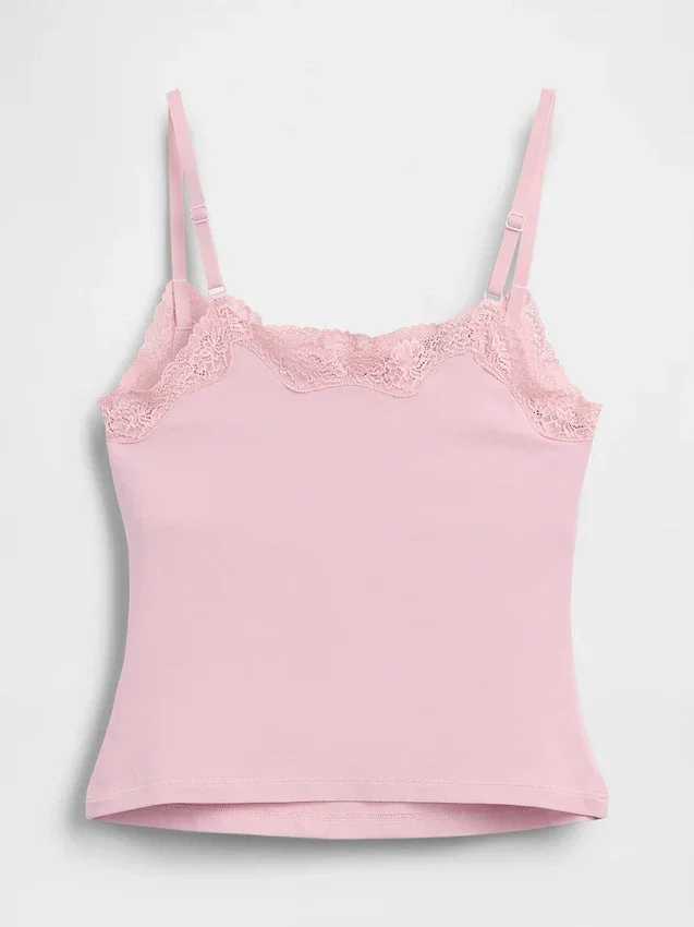 Canotta con reggiseno incorporato in cotone elasticizzato biologico con bordi in pizzo