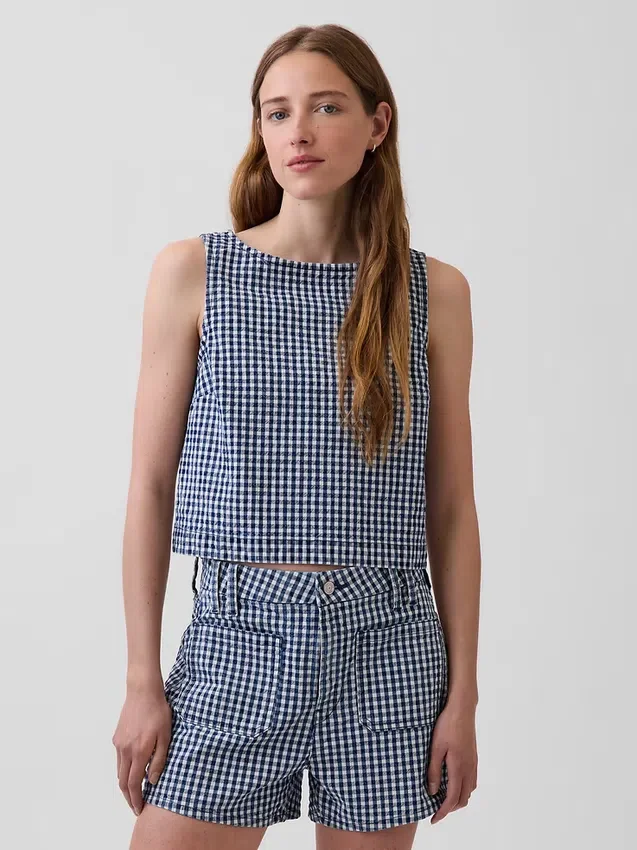 Canotta corta in denim a quadretti